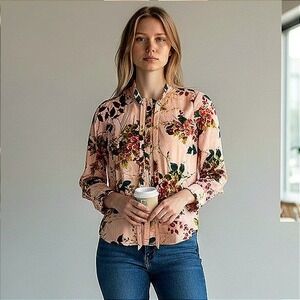 Worthington Woman Pink Floral Tie Neck Ruffle Blouse Long Sleeve Plus 1X